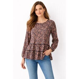 J Jill Tiered M Tunic Top Med Floral Blue A Line Long Sleeve Boho Cottage Core